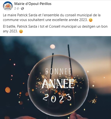Bon Nadal i bon any en català al Facebook de l'ajuntament dÒpol i Perellós