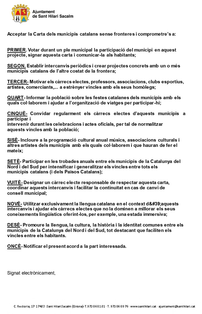 L'Ajuntament de Sant Hilari Sacalm adhereix al col·lectiu de municipis catalans sense fronteres