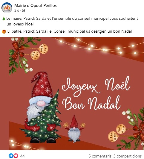 Bon Nadal i bon any en català al Facebook de l'ajuntament dÒpol i Perellós