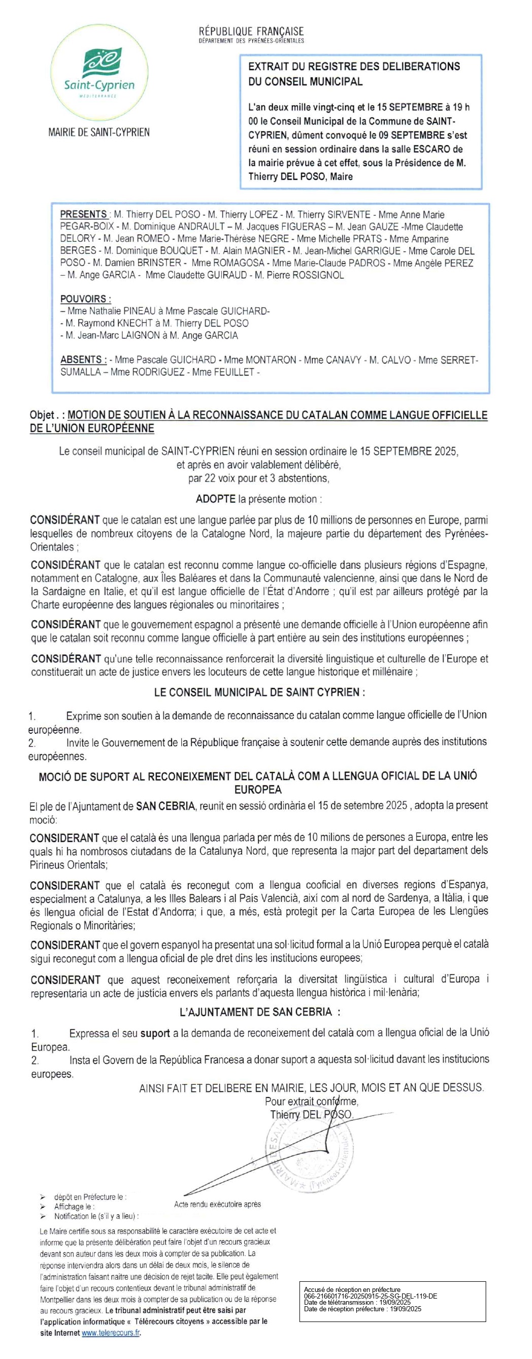 Sant Cebrià de Rosselló adopte la motion des Angelets de la Terra en faveur du catalan en Europe