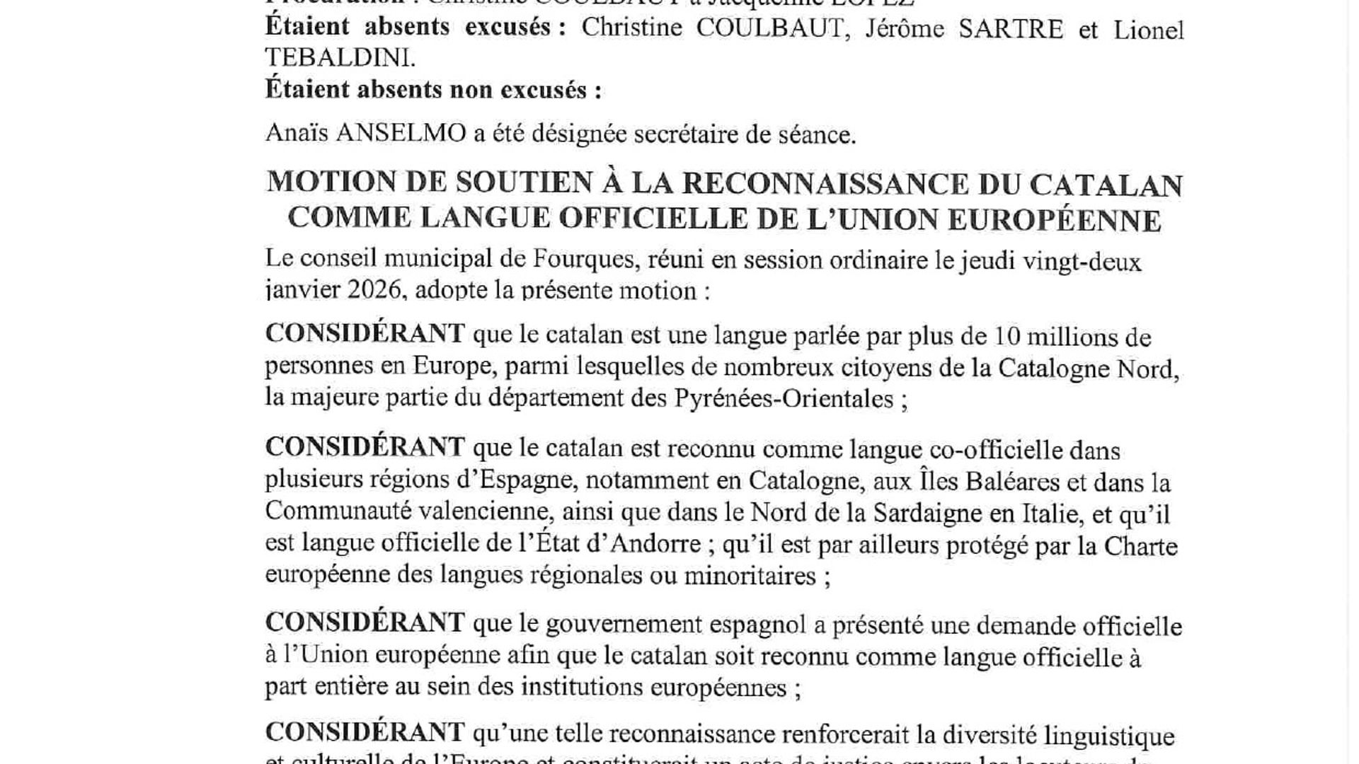 Forques adopta la moció a favor del català com a llengua oficial de la Unió Europea
