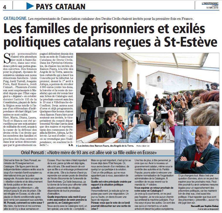 Reportatge de France 3 i portada a L'Indépendant : trobada entre els Angelets i els familiars dels presos polítics