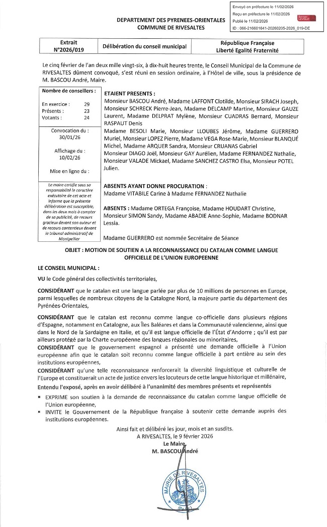 El consell municipal de Ribesaltes aprova per unanimitat la moció dels Angelets de la Terra