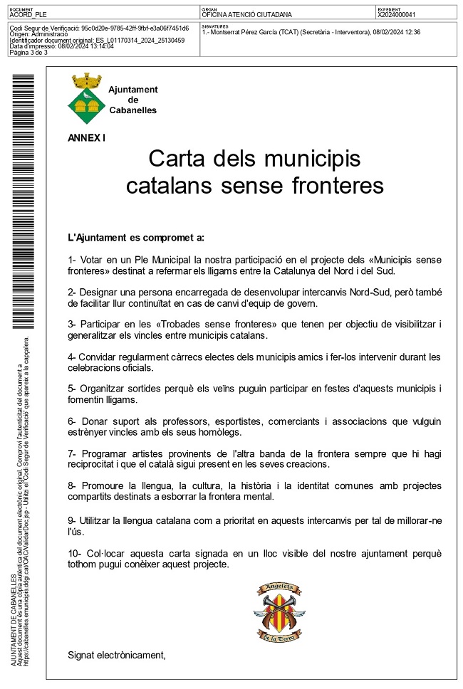 L'ajuntament de Cabanelles aprova la carta de municipis sense fronteres