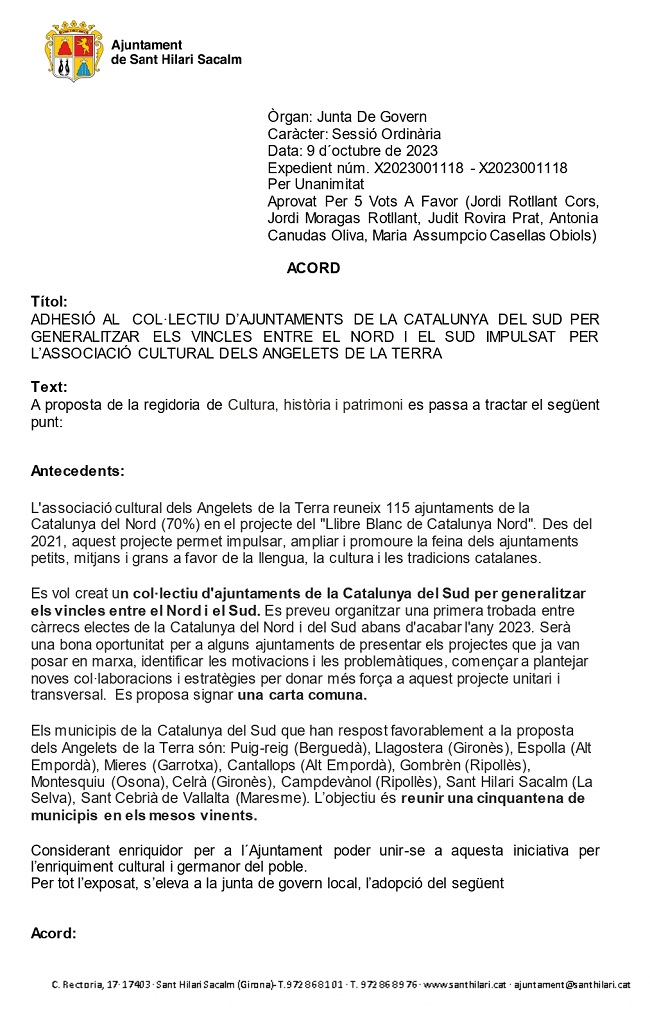 L'Ajuntament de Sant Hilari Sacalm adhereix al col·lectiu de municipis catalans sense fronteres