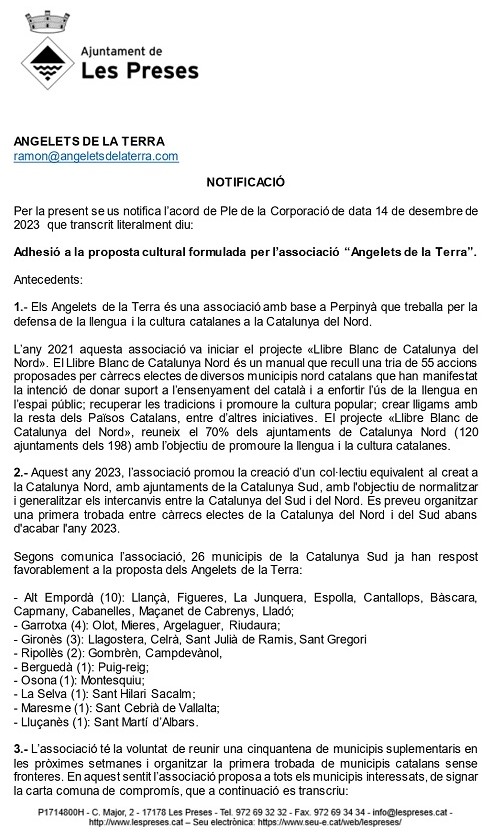 L'Ajuntament de Les Preses adhereix al col·lectiu de municipis catalans sense fronteres