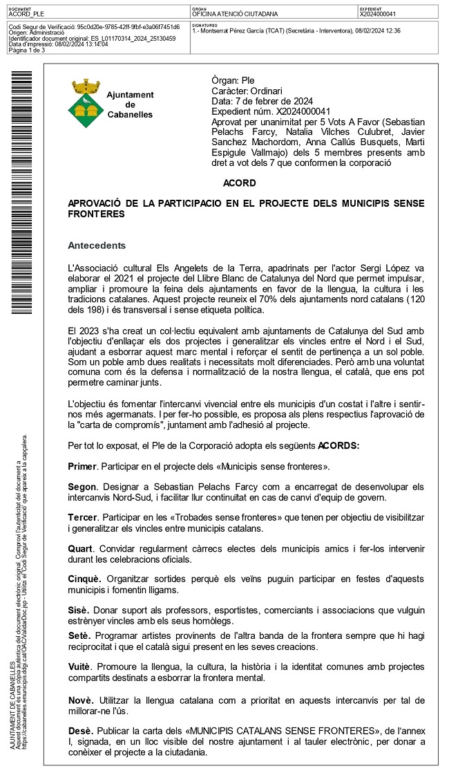 L'ajuntament de Cabanelles aprova la carta de municipis sense fronteres