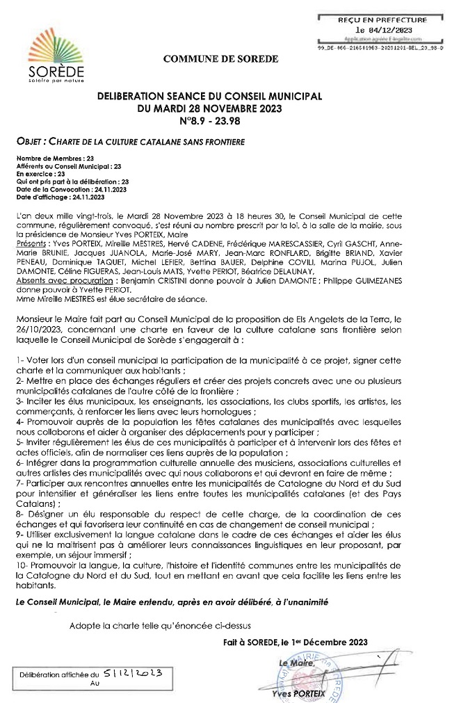 El ple municipal de Sureda vota per unanimitat la carta dels municipis catalans