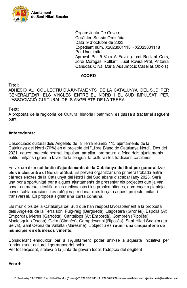L'ajuntament de Sant Hilari Sacalm (La Selva) vol fomentar lligams amb municipis de Catalunya Nord